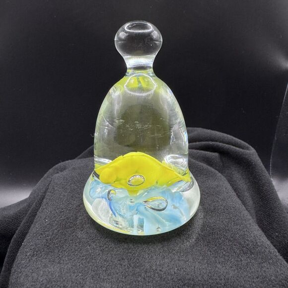 Joe St. Claire Glass Paperweight Bell Yellow and Light Blue Flowers - Picture 1 of 10